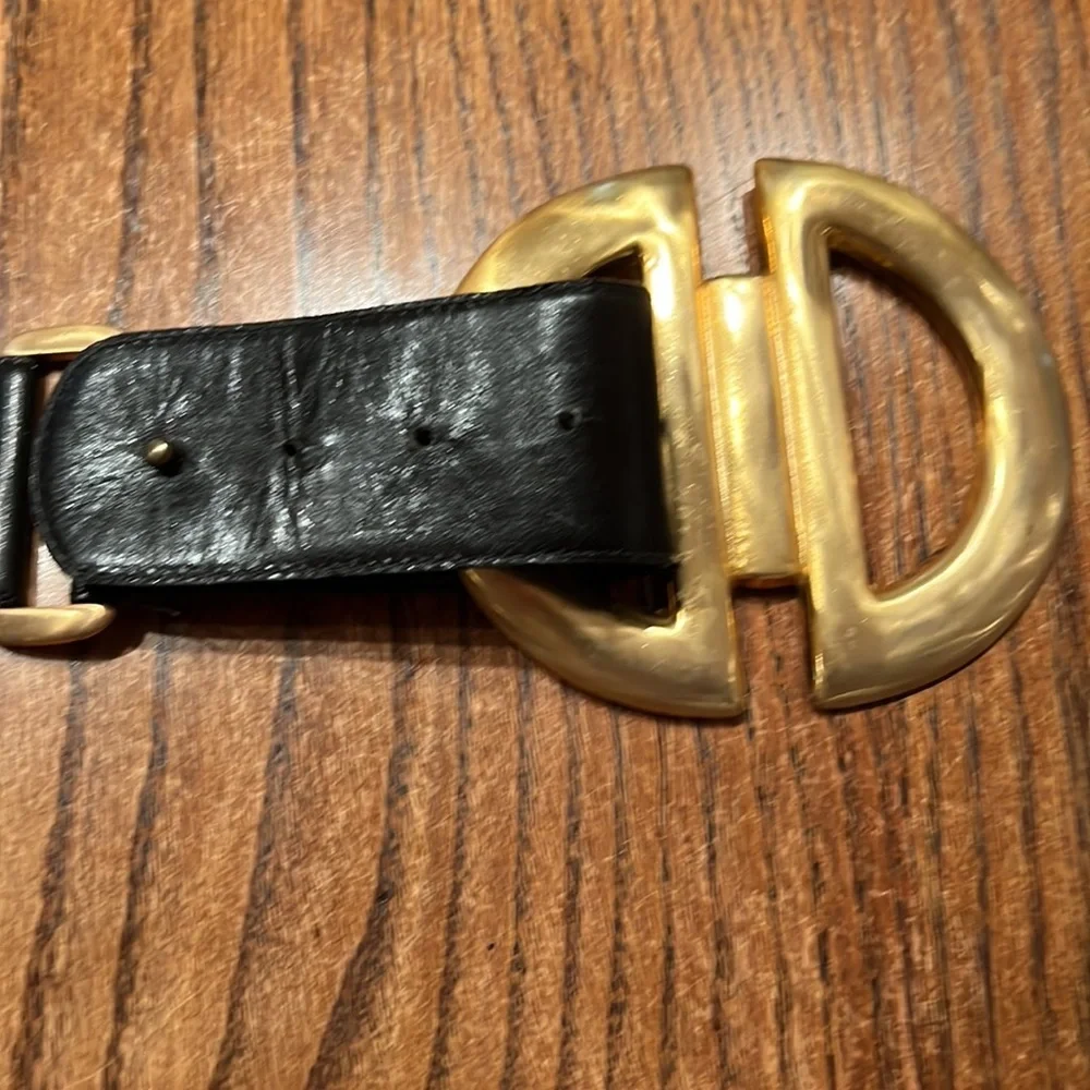 Omega Black Leather Belt With Large Gold Buckle Size M